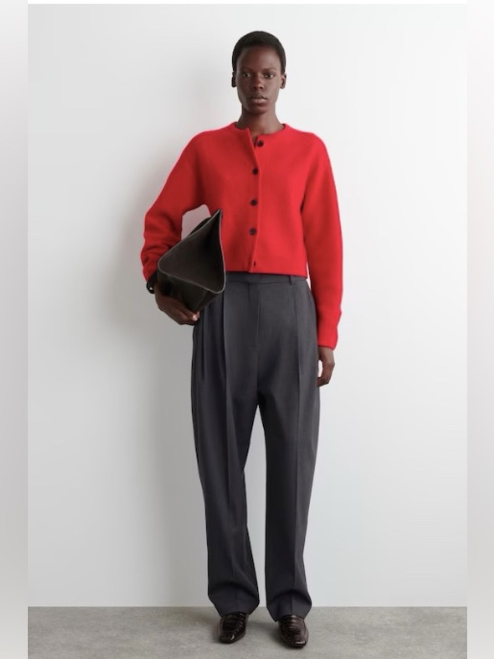 COS Small Red Boiled-Wool Cropped Button Front Minimalist Classic Cardigan‎